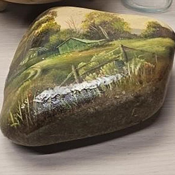 Hand-Painted Landscape Art Rock – Rustic Cabin Scene – One-of-a-Kind Folk Art
